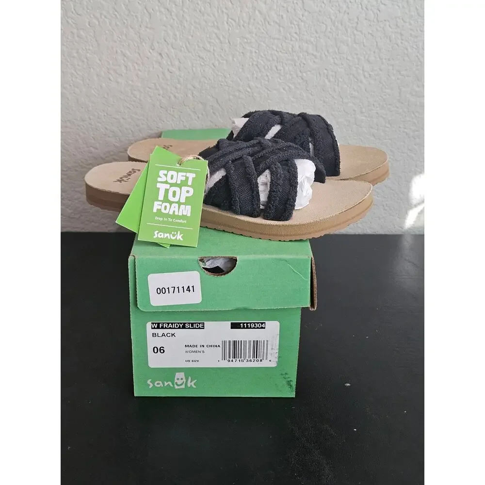 Sanuk Women's Size 6 Sandals Black Tan Fraidy Slide New - Picture 2 of 4